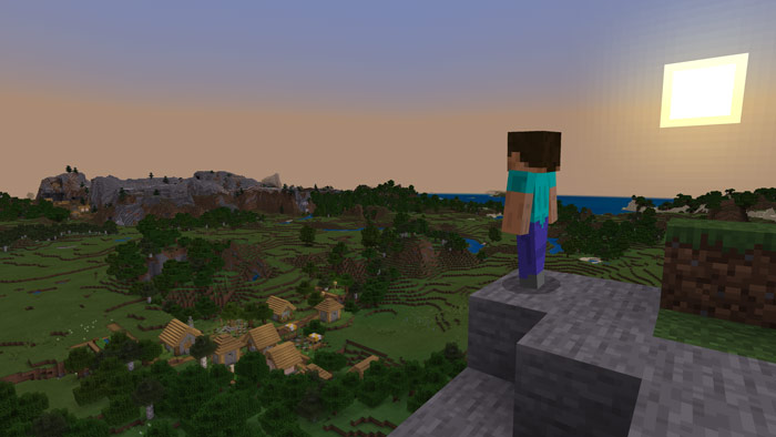 Steve, from Minecraft, stares out over a beautifully isometric horizon.