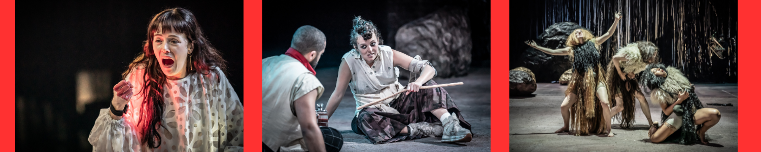 Production photos of Macbeth: woman screaming; two people talking on the floor; the Weird Sisters dancing