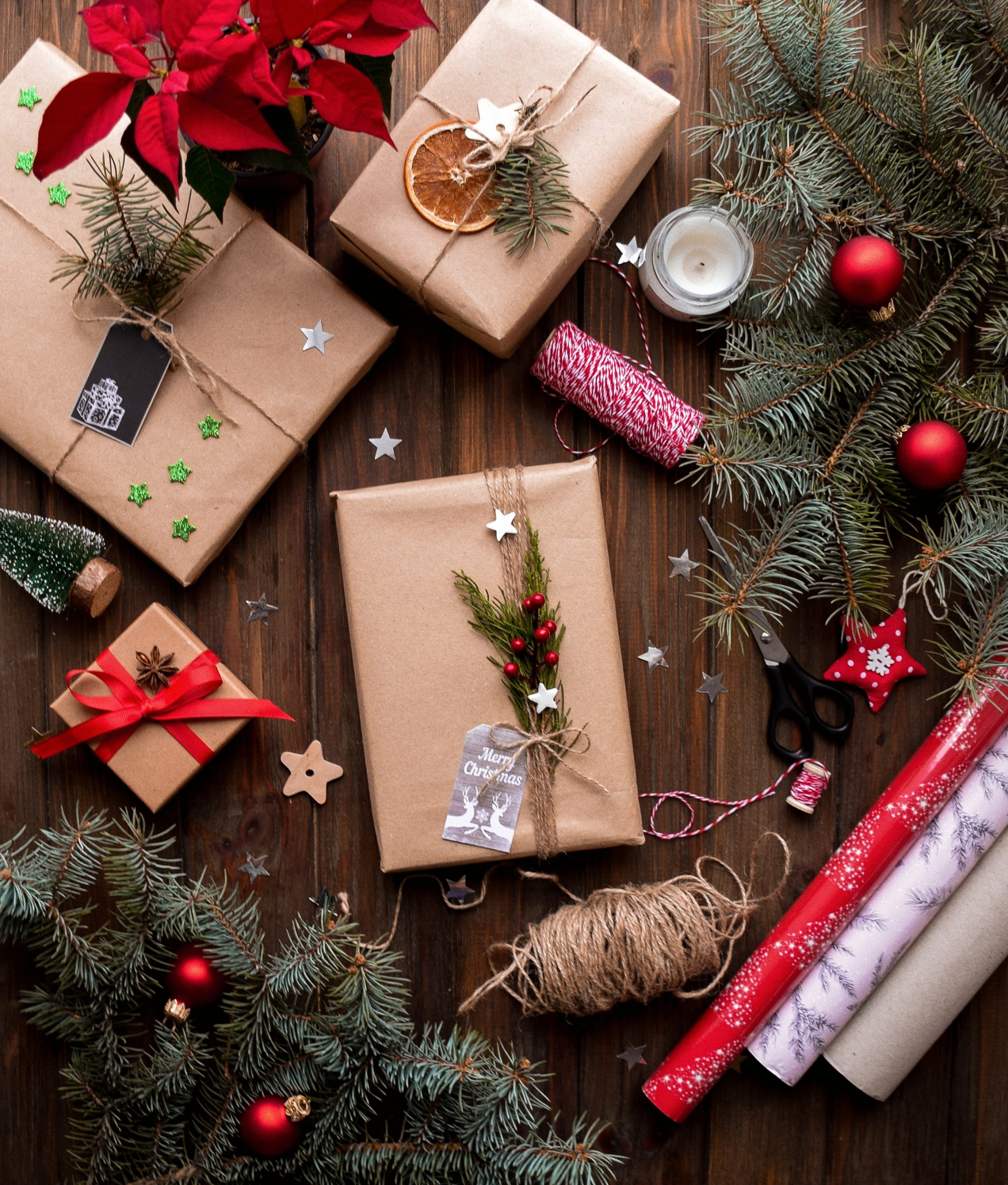 christmas presents are wrapped in brown paper