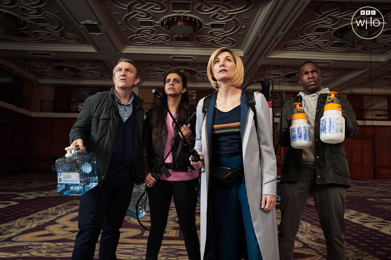 Bradley Walsh, Mandip Gill, Jodie Whittaker, and Tosin Cole in Doctor Who