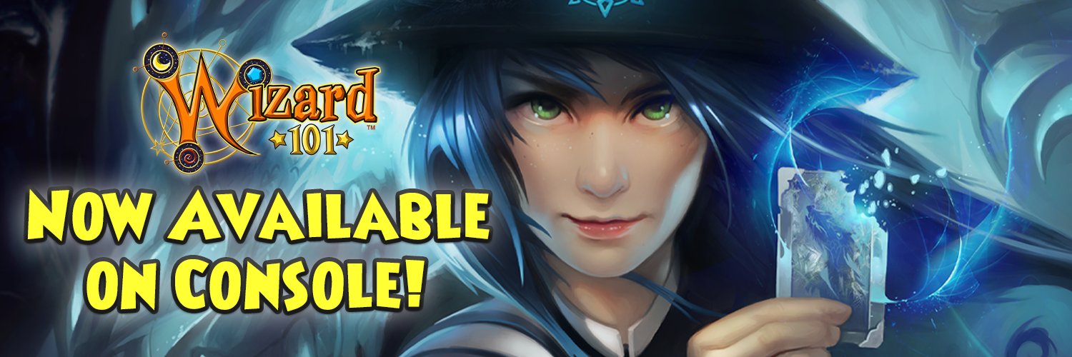An official Wizard101 banner featuring an illustration of an Ice Wizard and the text 'Now Available On Console!'